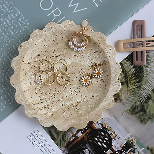 Natural Small Travertine Scalloped Edge Tray 6.3", Marble Jewelry Dish, Trinket Tray for Women Gift - color: Beige Travertine