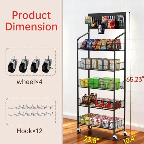 5-Tier Metal Display Rack Large Snack Shelving Unit with Hanging Panels and 12 Hooks 4 Casters for Easy Mobility Freestanding Display Unit Ideal for Supermarkets and Retail Stores (65.23H*23.8W*10.4D) - size: 65.23H*23.8W*10.4D