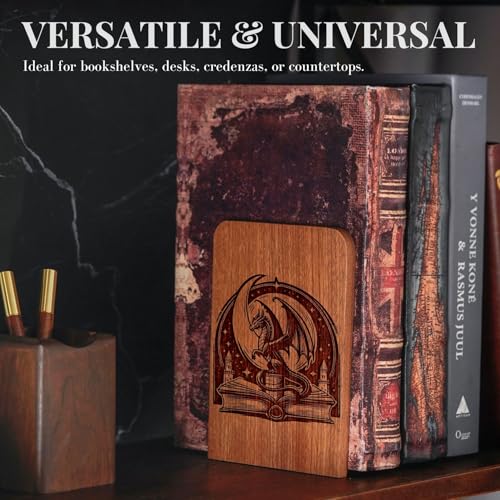 Fantasy Bookends, Dragon Bookends, Heavy Duty Wooden Book Ends for Shelves Decorative(1 Pair, 4.72x6.69 Inches) - Dragon - color: Dragon