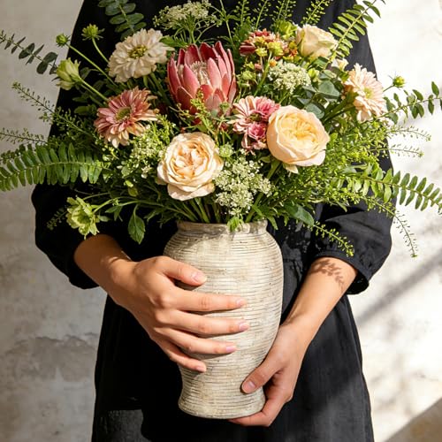 9" Ceramic Vase for Flowers - 100% Waterproof Farmhouse Rustic Flower Vase, Hand-Finished Ribbed Textured Decorative Vase, Distressed Oatmeal Pottery for Modern Home Decor, Mantel, Shelf