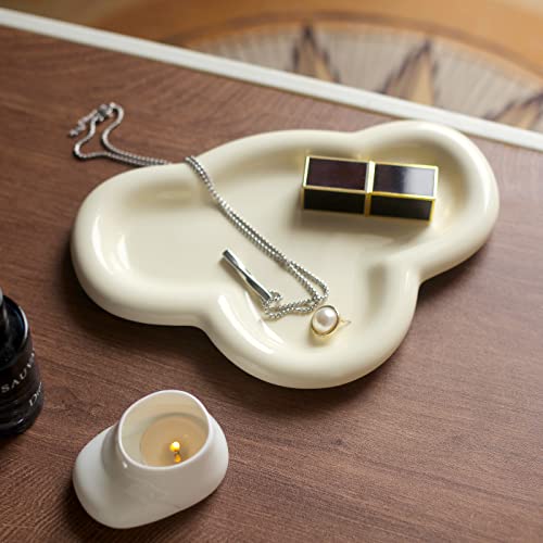 Jewelry Dish Trinket Tray for Women, Ring Dish Holder, Unique Cloud Shape Ceramic Plate Cute Things Vanity Aesthetic Room Decor Mother's Day Birthday (Crème) - color: Crème
