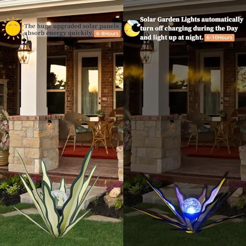 Metal Agave Plant Garden Art, 2 Pack Tequila Rustic Sculpture, Rustic Metal Agave Plants Garden Lawn Home Ornaments, for Yard Stakes, Garden Figurines, Outdoor Patio (2 PCS Green with Light) - color: 2 Pcs Green With Light