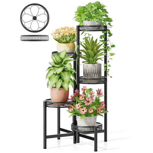 Plant Stand Indoor Outdoor, 5 Tier Corner Metal Flower Display Holder Stand, Folding Tall Plant Rack for Patio Balcony Porch Garden Living Room House, Heavy Duty Wrought Iron Plant Shelf - BlackFlower - color: BlackFlower, size: 5-Tiers