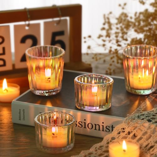 SUPMIND 24 Pcs Ribbed Iridescent Votive Candle Holders - Glass TeaLight Candle Holders for Weddings, Baby Showers, Home Décor, Party Centerpieces, and Table Decorations - color: Iridescent