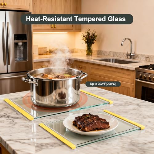 Tempered Glass Cutting Board Set for Kitchen Counter - Dishwasher Safe with Juice Grooves, Non-Slip Silicone Edges & Beveled Grip - 16"x12" & 12"x8" Serving Tray (Yellow) - color: Yellow