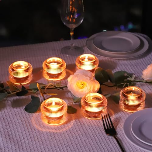 Woho Ribbed Votive Candle Holders Set of 6 for Wedding Table, Amber Tealight Candle Holder Glass for Home Decor, Vintage Tea Lights Candle Holder for Thanksgiving/Fall Decor(Brown, 2.1" H X 2.75" D) - color: Brown