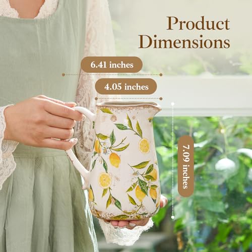 Vintage Lemon Ceramic Vase with Handle, Retro Ice Glazed Crack Farmhouse Pitcher Vase for Home Decor, Living Room, Shelf, Office, Rustic Table Centerpiece 7 Inch - color: Lemon, size: Small Pitcher