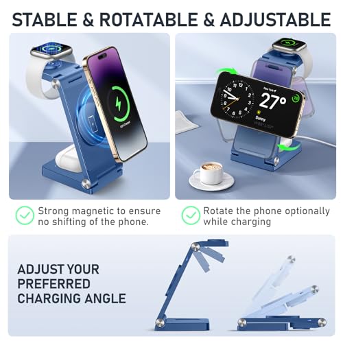 Magnetic Wireless Charger Stand, 3 in 1 Foldable Wireless Charging Station with 20W Adapter, Travel Charger for Multiple Devices for iPhone 17 16 15 14 13 12 Pro/Max/Plus/Mini, iWatch, AirPods - color: Blue