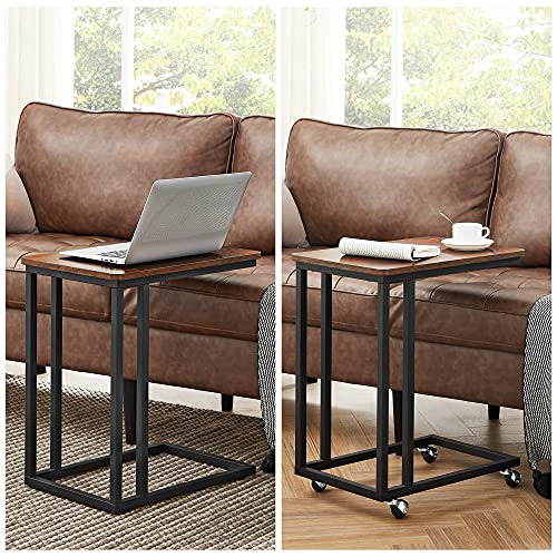 VASAGLE End Table, C Shaped TV Tray with Metal Frame Rolling Casters, Industrial Side Table for Living Room Bedroom, 19.7 x 13.8 x 23.6 Inches, Dark Walnut and Black - color: Dark Walnut + Black