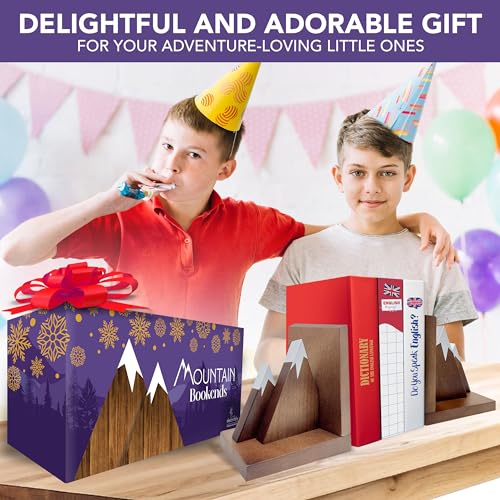 Decorably Dark Walnut Mountain Book Ends for Kids Books - 1 Set Non-Skid Wooden Mountain Bookends for Kids - Kid's Room, Nursery, Classroom