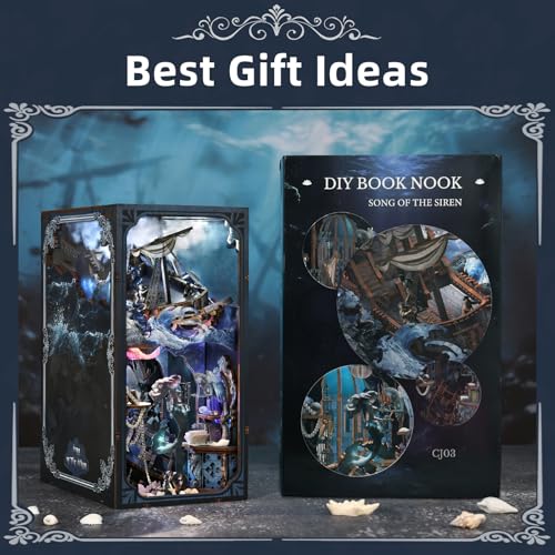MiniCity Book Nook Kitwith Dust Cover and LED Light, 3D Wooden Puzzle Bookend Bookshelf Insert Decor for Teens and Adults (The Song of Sirens) - style: The Song of Sirens