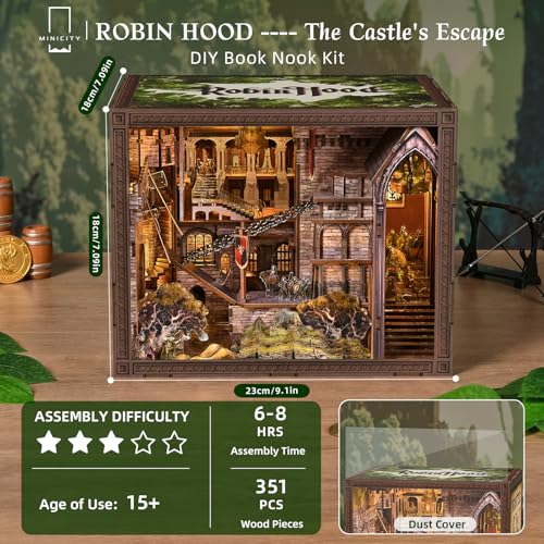 MiniCity DIY Book Nook Kit - The Castle's Escape 3D Miniature Wooden Scene with LED Lights, Dustcover & Tools for Shelf Decor (Robin Hood) - style: Robin Hood