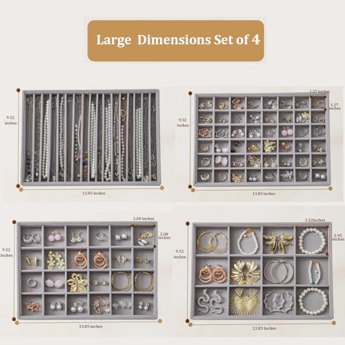 Large Jewelry Drawer Organizer Trays Set of 4, Stackable Velvet Jewelry Trays Organizer Holder Display Storage Showcase for Earring Necklace Bracelet Ring Accessary (Gray, 12+17+24+48 Grids) - color: Gray, size: 12+17+24+48 Grids