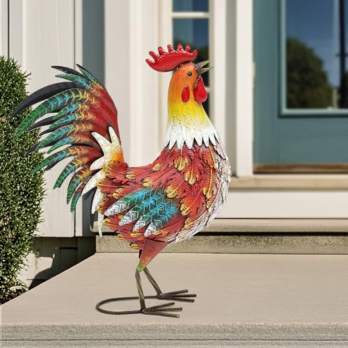 21" Metal Rooster Yard Decor, Outdoor Garden Statues, Metal Chicken Sculpture for Backyard Patio Kitchen Decor - color: 21.5"h-retro Red Rooster