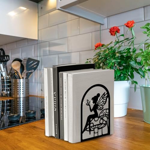 Peacoblue Metal Bookends for Shelves, Modern Decorative Heavy Duty Study Book Support Stoppers for Office, Desk, Shelf, Room 5.3"x3.5"x7.9" Cast Iron Simple Tall Bookends, 1 Pair (Fairy and Mushroom) - color: Fairy and Mushroom