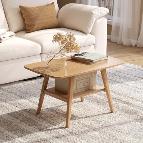100% Solid Oak Wood Coffee Table for Living Room, Small Table with Shelf Storage, Mid Century Modern Coffee Tables with Rounded Corners for Home (Natural, 31.49" x 19.68" x 17.32") - color: Natural Colour, size: 31.49"W x19.68" D x 17.32" H