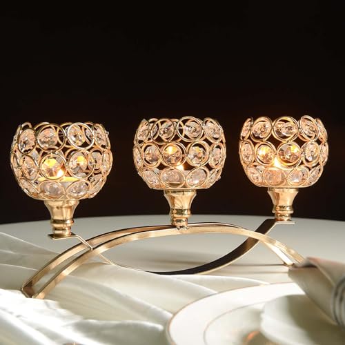 Crystal Tealight Candle Holder Centerpiece Home Decorative Candlestick Holder Elegant Table Centerpiece Home Decor Wedding Party Anniversary (Gold, 3 Arm of 4 Pcs) - color: Gold, size: 4 Pieces