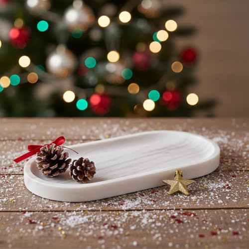 Handcrafted Marble Tray – Bathroom Counter Organizer, Jewelry Tray, Perfume Organizer & Decorative Tray for Vanity Accessories, Coffee Table Decor & Bathroom Countertop (Oval, Mugla White) - color: Mugla White, size: 11.8" x 5.9" x 0.8"