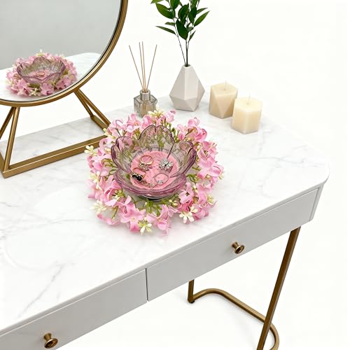 Mini Flower Ring Plate Jewelry Storage Tray Ring Holder for Dressing Table, Bedside Table, Room Bathroom Decoration, Cute Valentine's Day Christmas Birthday Gift for Women (pink flower) - color: pink Jewelry Tray and Flower Base