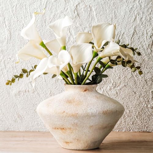 Rustic Ceramic Flower Vase, YBX White Ceramic Vase 5.6 Inches, Retro Distressed Textured Pottery Small Vase, Farmhouse Decorative Vases for Home Decor, Centerpieces, Hallway, Shelf Decorations, White - color: Retro Beige-5.6"