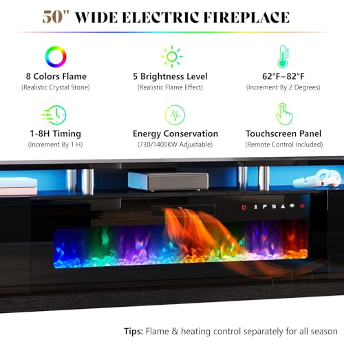 AMERLIFE 90" High Gloss 2 Tier TV Stand with 50" Electric Fireplace, Modern Luxury Large Entertainment Center/w LED Lights, Media Console Table Storage Cabinet for TVs Up to 100", Living Room, Black - color: Black, size: 90"