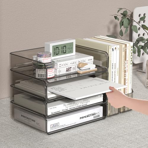 FANXIYQ 4-Tier Horizontal Acrylic Paper Tray Organizer with Booends | Clear Stackable Desk Organizer for Documents, Letters, A4 Paper | Modern Office/Classroom/Home Organization,Brown - color: Brown, size: Horizontal