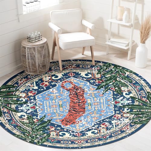 Washable Blue Rugs Thin Oriental Boho Vintage Tropical Leopard 4ft Round Area Rugs for Bedroom Kitchen Dining Living Room Office Distressed Jungle Plants Indoor Entryway Circle Carpet - color: Blue, size: 4' Round