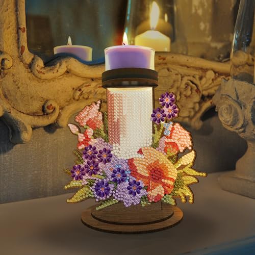 ARTopet DIY Diamond Art Painting Candlestick Holders Wooden Desk Candle Holder Ornament Double Sided Diamond Tabletop Ornaments for Home Decor-Flower Candle - color: Flower Candle