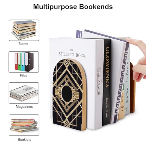Wooden Bookends 2 Pcs,Art Deco Vintage Heavy Duty Office Book Ends Anti Slip Book Shelf Holder with Metal Base Decorative Book Stands - color: Art Deco Vintage