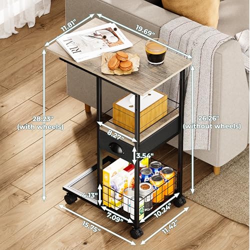 Rolling C Shaped Side Table with Storage Drawer, Ivory Portable Desk on Wheels, Bedside Table for Sofa Couch & Bed, Small Overbed Laptop Desk, Mobile Coffee End Table for Bedroom Living Room Dorm - color: Ivory, size: Large (With Drawer & Wheels)