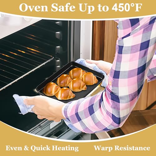 E-far Mini Toaster Oven Pan, 9x7x1 Inch Small Baking Sheet Tray for Cookies Cake, Nonstick Carbon Steel Baking Pan for Bacon Steak, Nontoxic & Easy Clean, Heat & Warp Resistant - size: 9x7x1 Inches