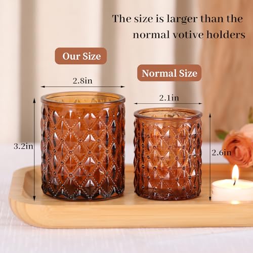MATAHUM 12Pcs Large Votive Candle Holders 2.8 * 3.2in Amber Tea Light Candle Holders Glass Candle Holder for Bridal Shower, Wedding, Table Centerpiece, Party, Home Decor - color: Amber