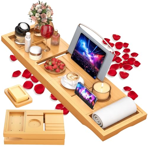Foldable Bathtub Caddy Tray, Bamboo Bath Tub Tray Table for Tub with Wine Glass Holder Book Phone Tablet Holder with Extending Sides, Adjustable Bathroom Bathtub Free Soap Holder Gift Idea (Beige) - color: Beige