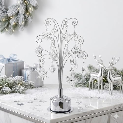 HOHIYA 360° Rotating Ornament Display Stand 15 Hooks Tabletop Christmas Tree Ornament Holder Metal Hanging Display Rack for Crystal Glass Baubles Jewelry and Home Decor Chrome Silver - color: Chrome