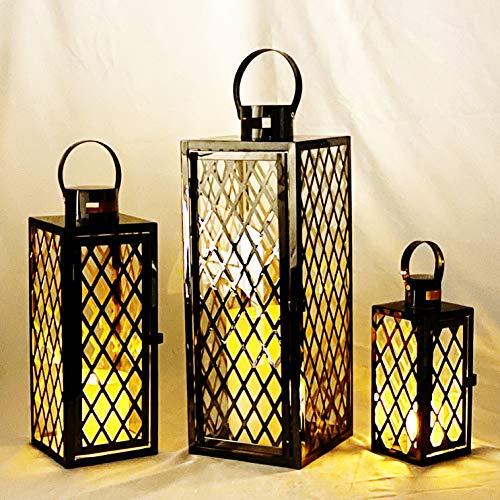 Allgala Lantern Set 3-PC Set Jumbo Luxury Modern Indoor/Outdoor Hurricane Candle Lantern Set with Chrome Plated Structure and Tempered Glass-Diamond Gold-HD88051 - color: Diamond Black
