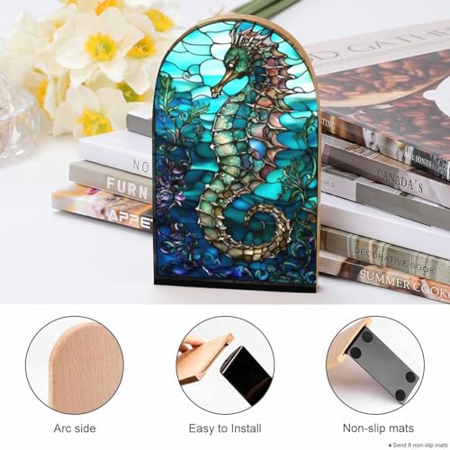 2 PCS Wood Book Ends,Seahorse Stained Glass Art Bookends for Shelves Non Skid Book Ends for Office Home Kitchen, Bookends for Holiding Books 5x3 Inch