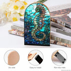 2 PCS Wood Book Ends,Seahorse Stained Glass Art Bookends for Shelves Non Skid Book Ends for Office Home Kitchen, Bookends for Holiding Books 5x3 Inch