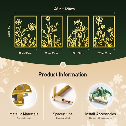 Sokurdeg Gold Metal Flowers Wall Decor, Minimalist Floral Metal Wall Hanging Art for Bedroom Bathroom Living Room (4 Pcs, 12 x 17 in) - color: Gold, size: 12 x 17 in