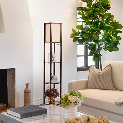 Brightech Maxwell - Modern Shelf Floor Lamp with Lamp Shade & Warm White LED Bulb, Corner Display Floor Lamp with Shelves for Living Room, Bedroom, Nightstand Office, Home Decor Storage - Havana Brown - color: Brown