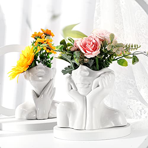 Sieral 3 Pcs Ceramic Face Vase Female Form Flower Modern Body Vase for Decor with Head Half Body Bust Centerpiece for Table Shelf Home Bedroom Room Office(Small,White) - color: White, size: Small