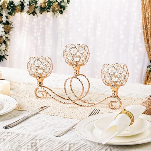 Gold 2 Pcs-3Arm Metal Crystal Tea Light Candle Holder, Elegant Wedding Table Centerpiece Candle Holder, Christmas Wishing Crystal Bowl Candle Holder Suitable for Wedding Party Living Room Decoration - color: Gold, size: Set of 2
