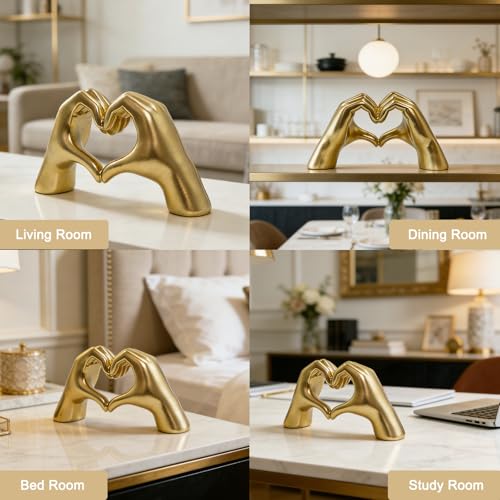 Heart Gesture Sculpture - Modern Gold Resin Hand Heart Statue for Home Decor, Minimalist Aesthetic Room Decor for Shelf, Office Desk, Bookshelf, Coffee Table - Romantic Music Fan (Small) Golden