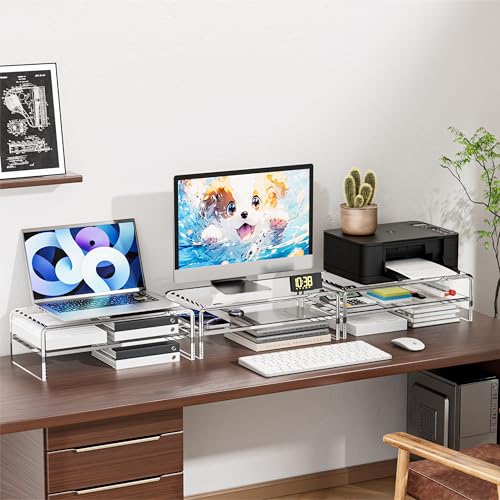 Egchi Clear Acrylic Monitor Stand Riser 2 Tier, 5.12 Inches High Clear Computer Desk Organizer Shelf for Multi Media PC Storage Laptop - size: 16''x8''x5.12''-2 Tiers