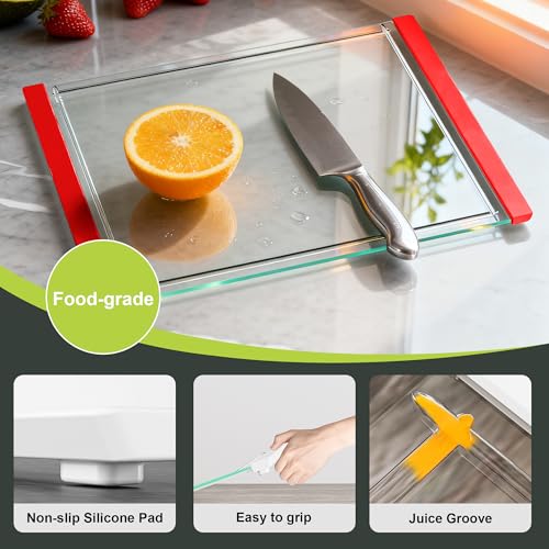 Tempered Glass Cutting Board Set for Kitchen Counter - Dishwasher Safe with Juice Grooves, Non-Slip Silicone Edges & Beveled Grip - 16"x12" & 12"x8" Serving Tray (Red-2PCS) - color: Red-2PCS