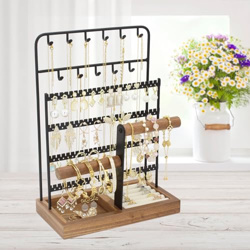 Jewelry Holder Organizer Stand 4-Tier Necklace Stand Earring Holder with Wooden Tray, Jewelry Rack for Bracelets Watches and Rings Display Stand, Gifts for Women & Girls-Black - color: Tray&Black