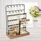 Jewelry Holder Organizer Stand 4-Tier Necklace Stand Earring Holder with Wooden Tray, Jewelry Rack for Bracelets Watches and Rings Display Stand, Gifts for Women & Girls-Black - color: Tray&Black
