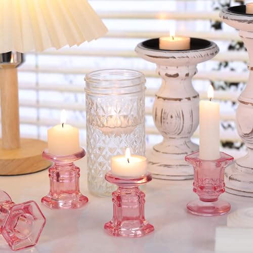 Pink Candlestick Holders Bulk, 12 Pcs Glass Candle Holders Set,Crystal Taper Candle Holder for Wedding, Table Centerpiece, Home Decoration - color: Pink