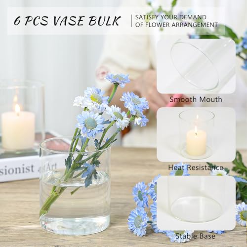 SUPMIND Glass Cylinder Vase Set of 6 for Centerpieces, 5 Inch Short Clear Flower Vases Bulk, Glass Hurricane Candle Holder for Table, Floating Candle Vases for Wedding Home Décor - size: 5" Height