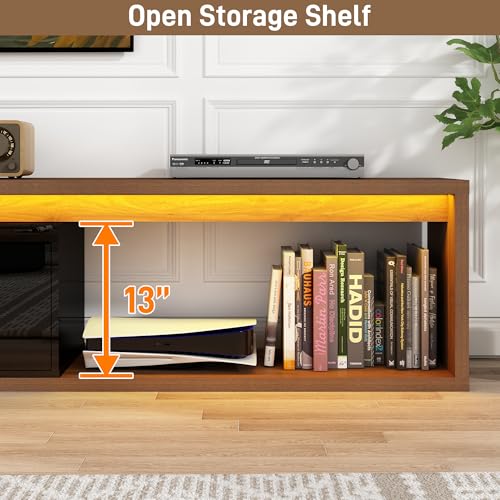 Extendable TV Stand with LED Light, Modern Entertainment Center for up to 120 Inch TV, Wood TV Media Console with 2 Drawers & 2 Cabinets for Living Room Bedroom, 75"-110", High Gloss Black & Walnut - color: High Gloss Black & Walnut