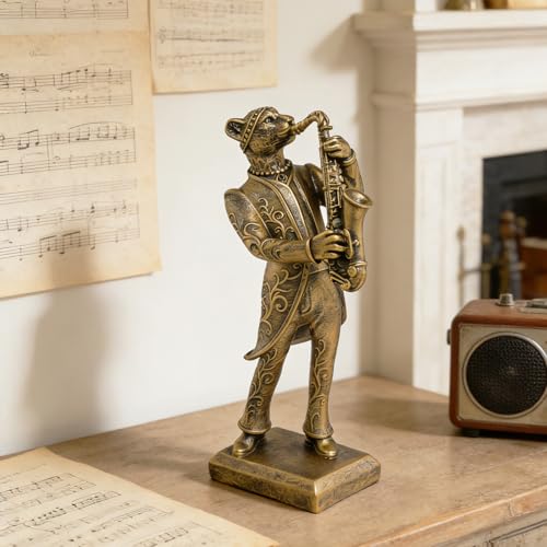 Vintage Animal Statue Sculpture,Gold Resin Music Cheetah Figurine with Saxophone, Retro Office Desk Decor for Home Living Room, Creative Gift for Animal Lovers - color: Music Cheetah